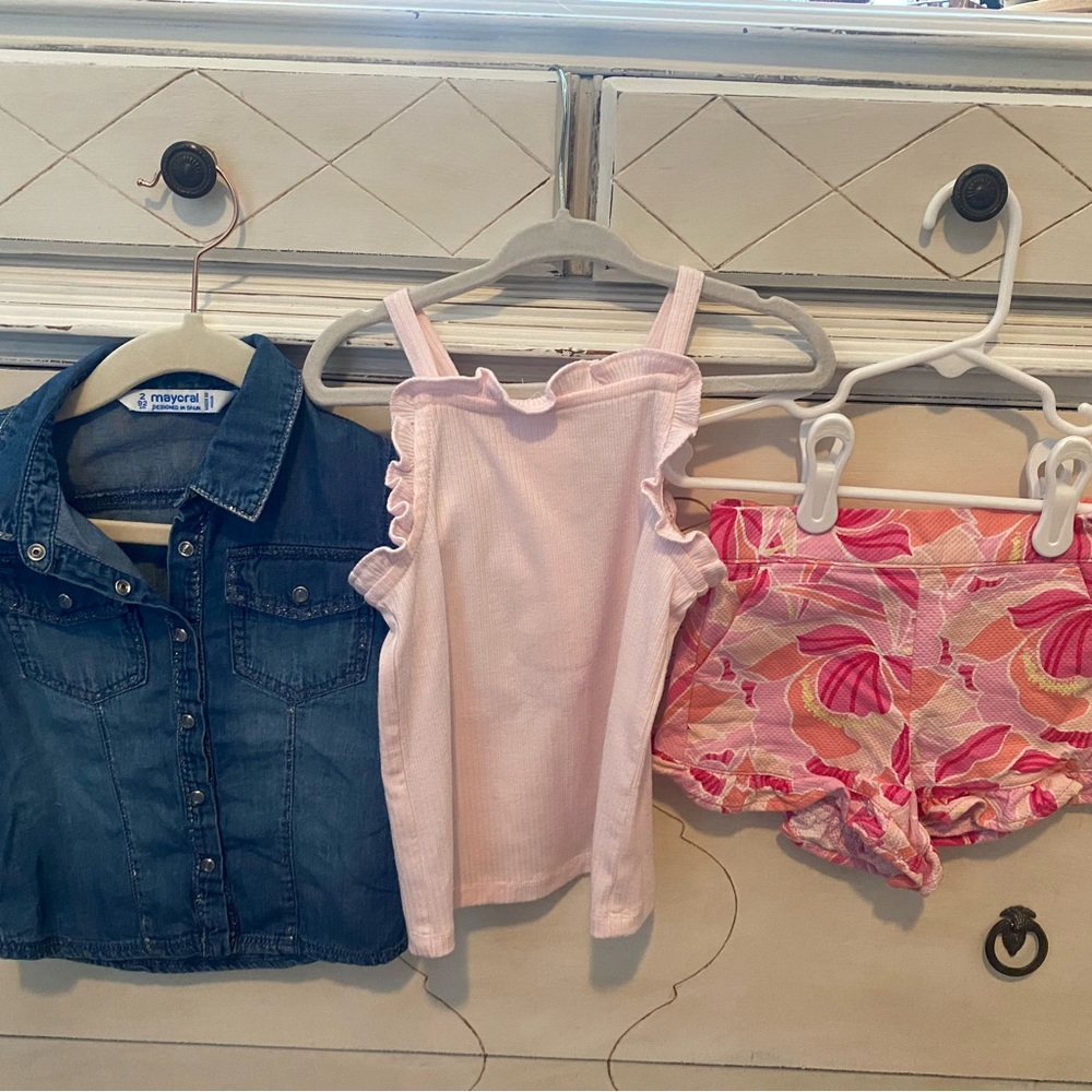 Mayoral Blue Denim Shirt for girls and a Janie and Jack pink tank top and short